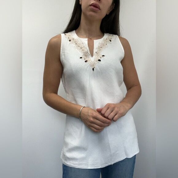 Vintage Y2K White Linen Sleeveless Floral Embroidered Tunic Top Size S - Picture 3 of 11